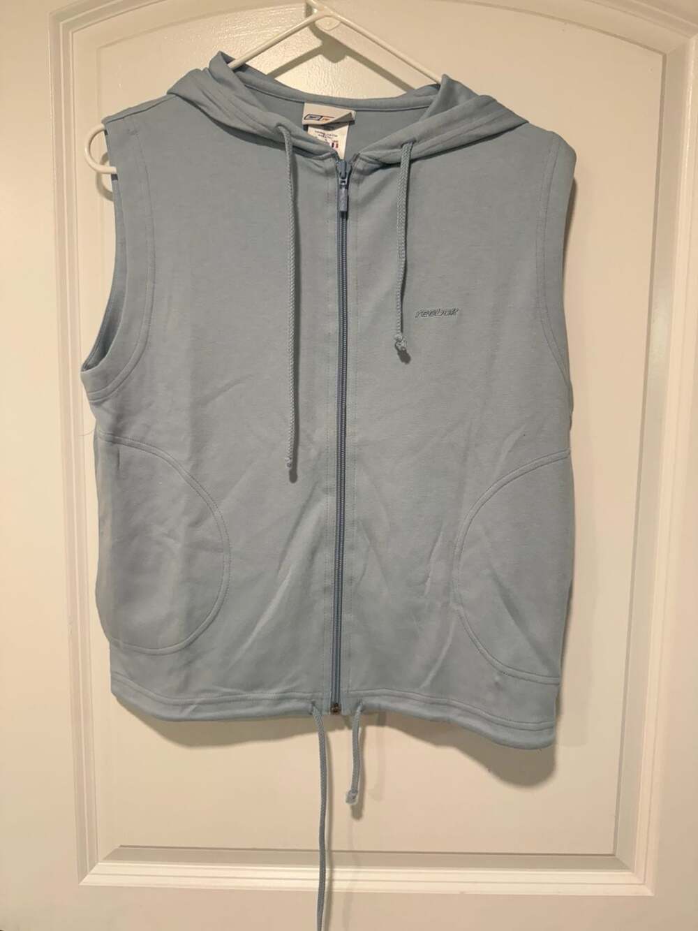 Y2K Reebok Sleeveless Zip Up Hoodie Vest Baby Blue Drawstring Size M